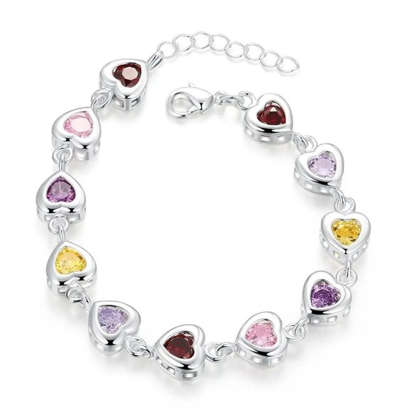 Beautiful Multi - Colored Heart Style Ladies Bracelet .925 Solid Sterling Silver - Picture 4 of 6